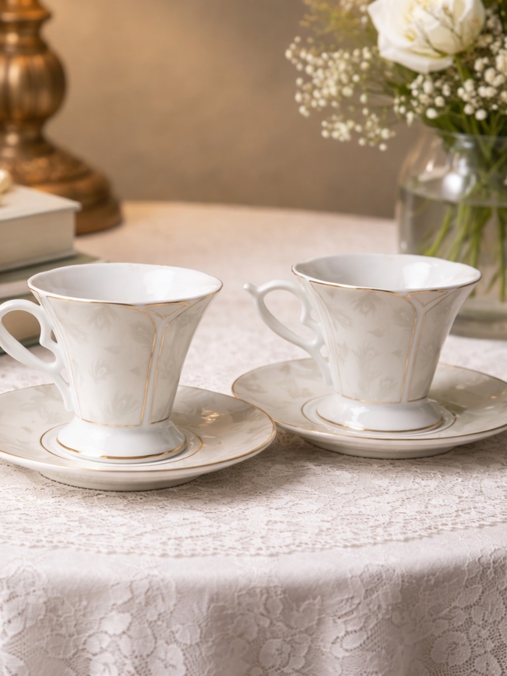 Vintage Italian GNA White/Grey Porcelain Teacup and Saucer Set with Gold Trim
